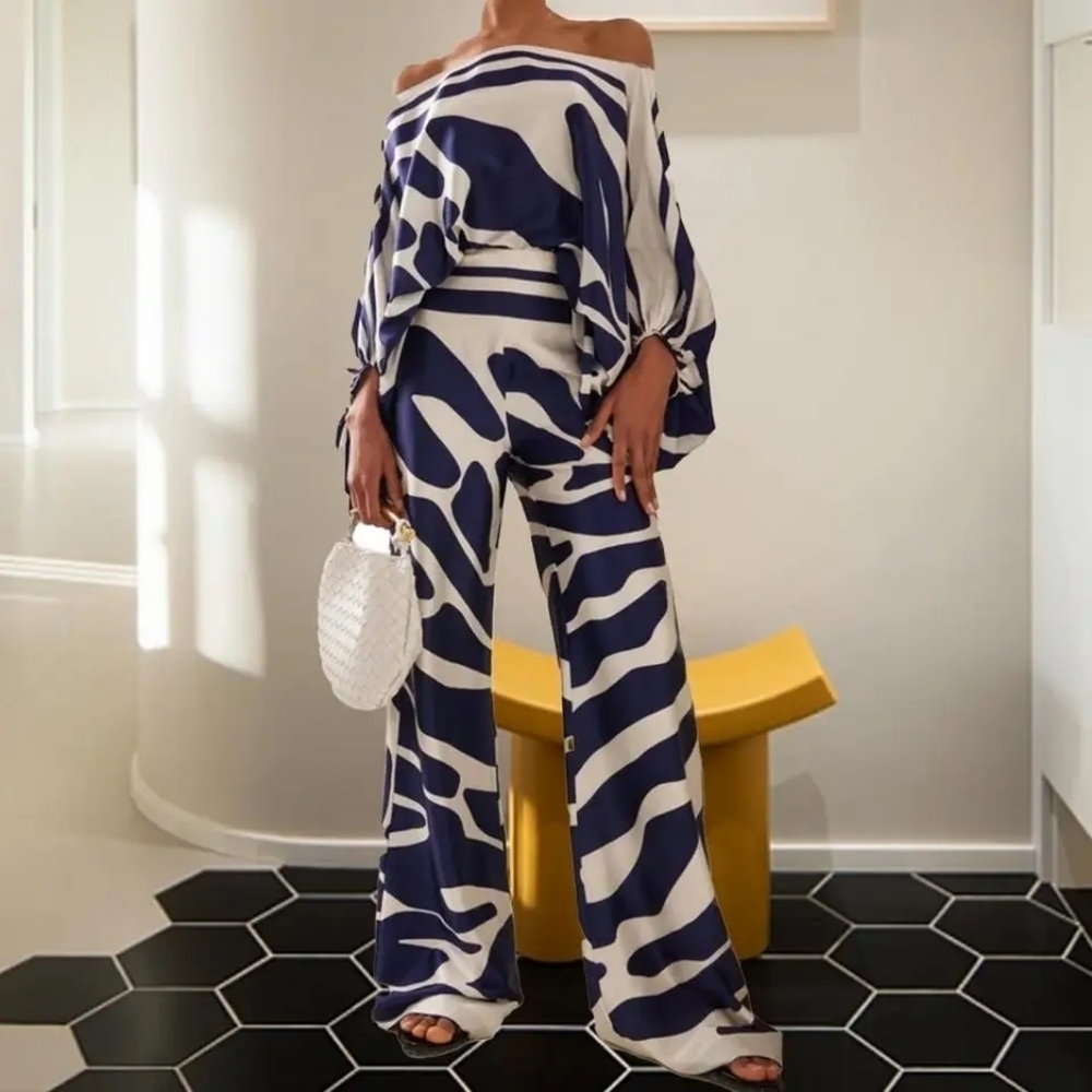 Satin Print Suit Fashion Hollow Off Shoulder Tops With Long Pants 2 Pieces Set - Picture 2 of 4